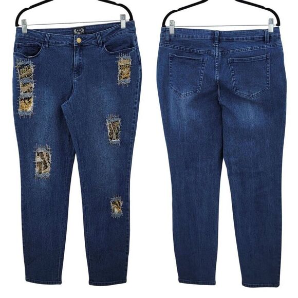 A.Z.I Womens Distressed Skinny Jeans Sz 10 Stretch Blue Denim Gold Patchwork - Picture 1 of 10